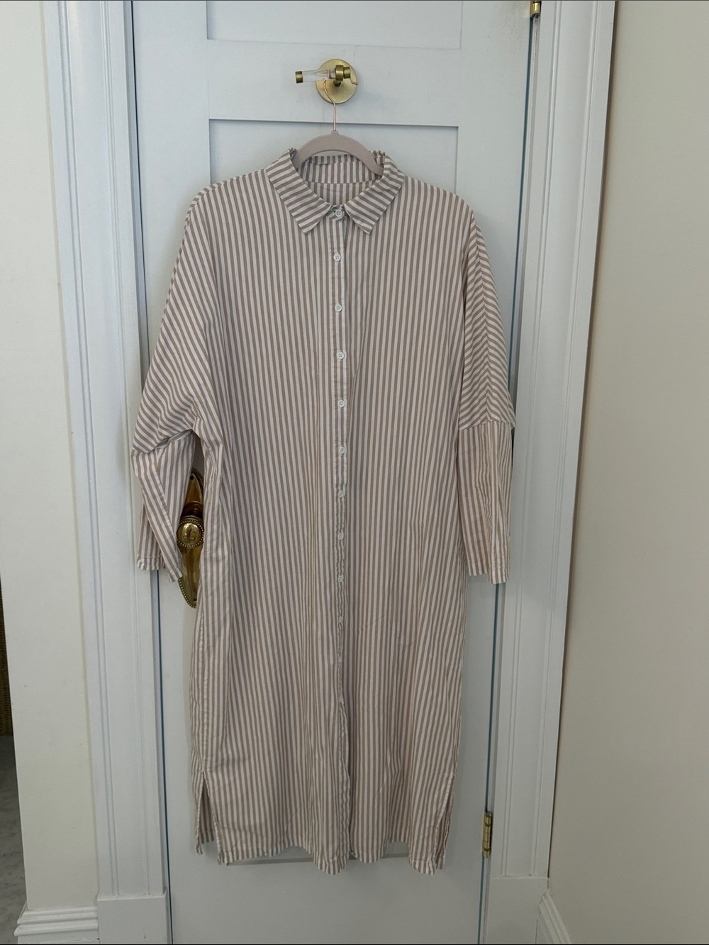 Beige and White Stripe Button-Up Shirt Dress
